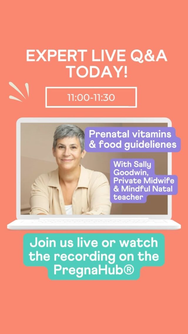 We are excited to be welcoming back the brilliant Sally Goodwin @blossombirth_midwife and @mindfulnatal_chesterfield_ teacher for a live Q&A session on all things prenatal vitamins and food guidelines yodsy at 11:00-11:30 exclusively on the PregnaHub®! 

If you’re not subscribed to the PregnaHub® yet then don’t let anymore time pass you by without the unrivalled expert live and on demand support that it offers throughout pregnancy through to the first year post-birth 🌟 

We’re here for you every step of the way 🧡🩵

#pregnahub